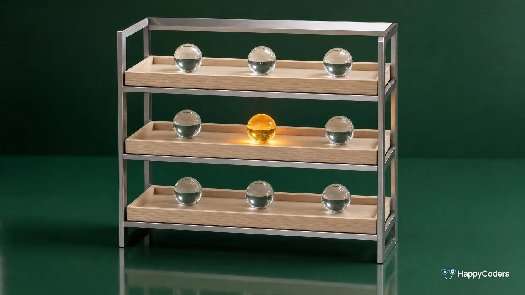 A slim open rack of brushed steel against forest green with three shelves: each holds a separate tray of pale wood with a row of three clear glass marbles, and the middle marble on the middle tray glows amber