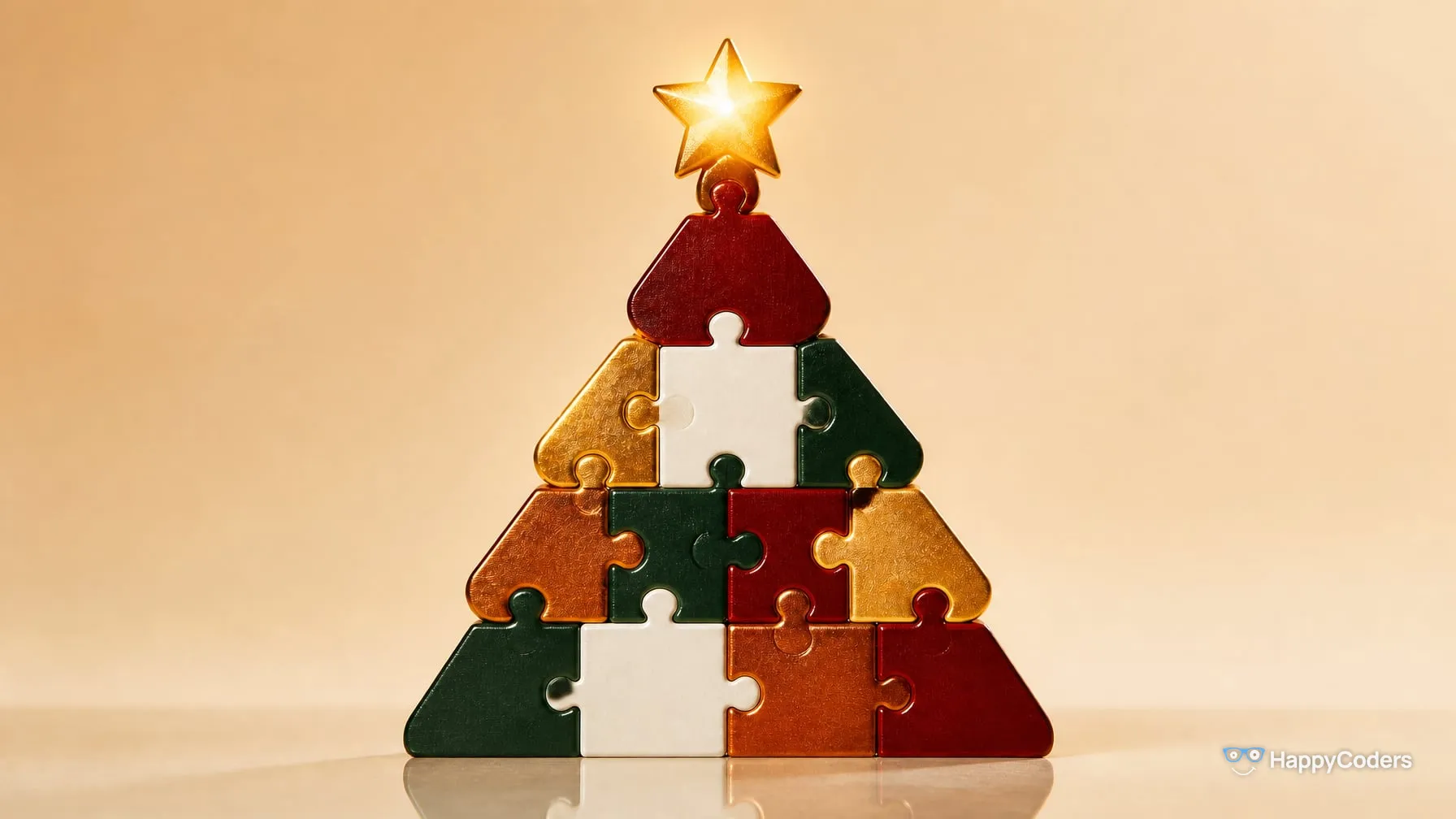 A fir tree of twelve interlocking puzzle pieces in dark red, gold, white, dark green and copper against cream, topped by a glowing golden star