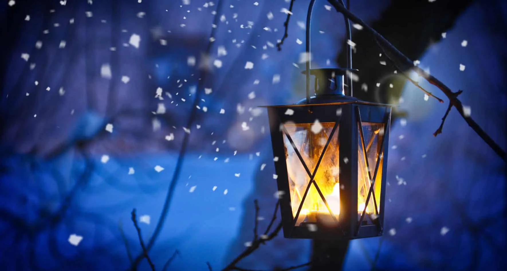 Lit lantern hanging from a branch in falling snow at blue dusk