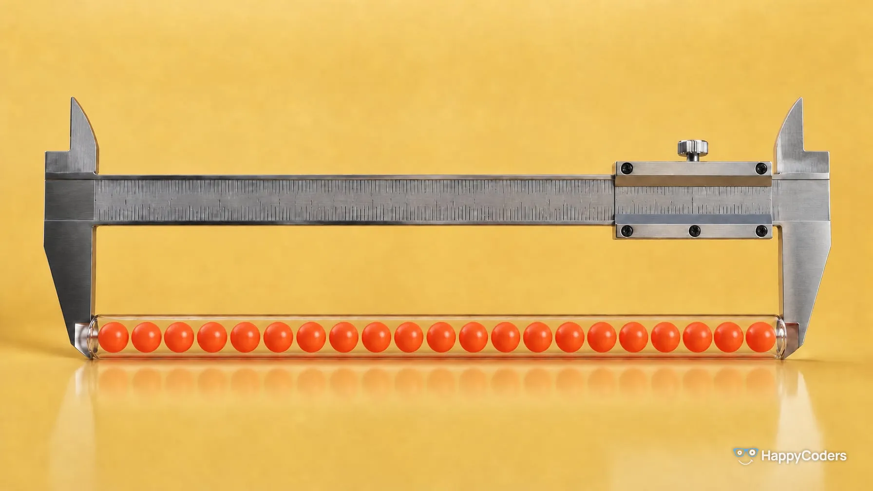 Ein Messschieber aus Stahl vor Buttergelb, dessen Messbacken genau an den beiden Enden einer liegenden Glasröhre anliegen; in der Röhre eine Reihe gleich großer korallenroter Kugeln