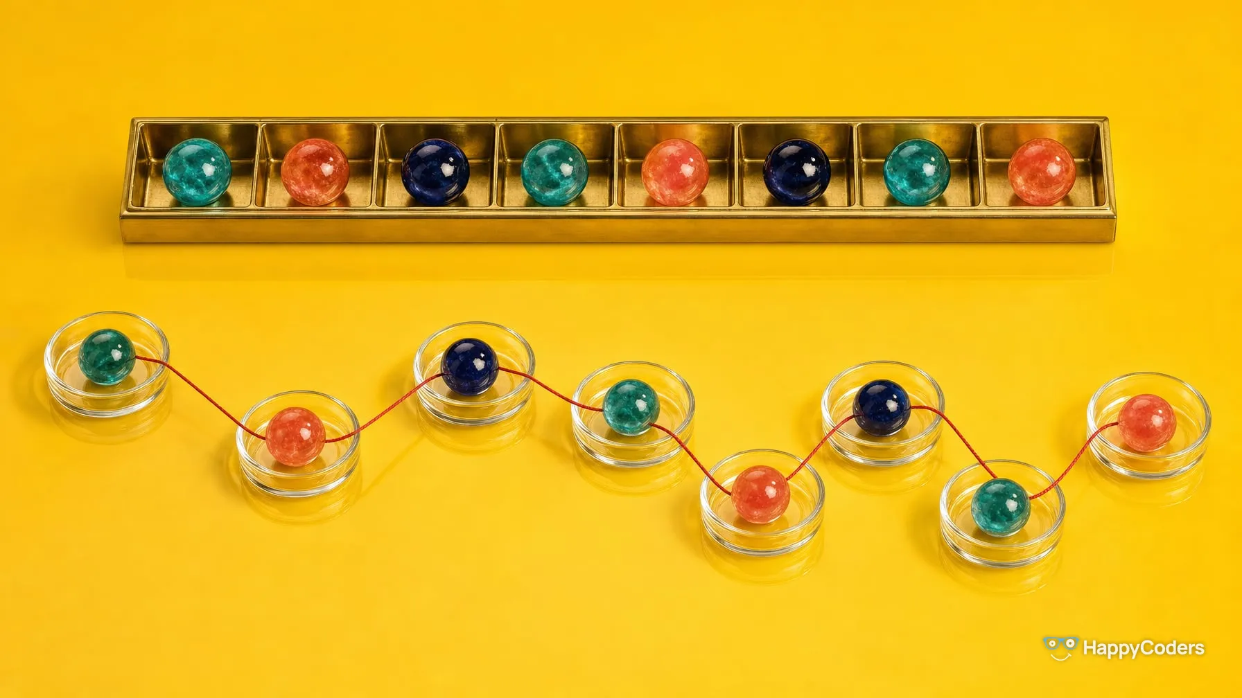 Colored marbles on sunflower yellow – above, eight side by side in one long brass tray; below, eight in separate glass dishes, linked one after the other by a red thread