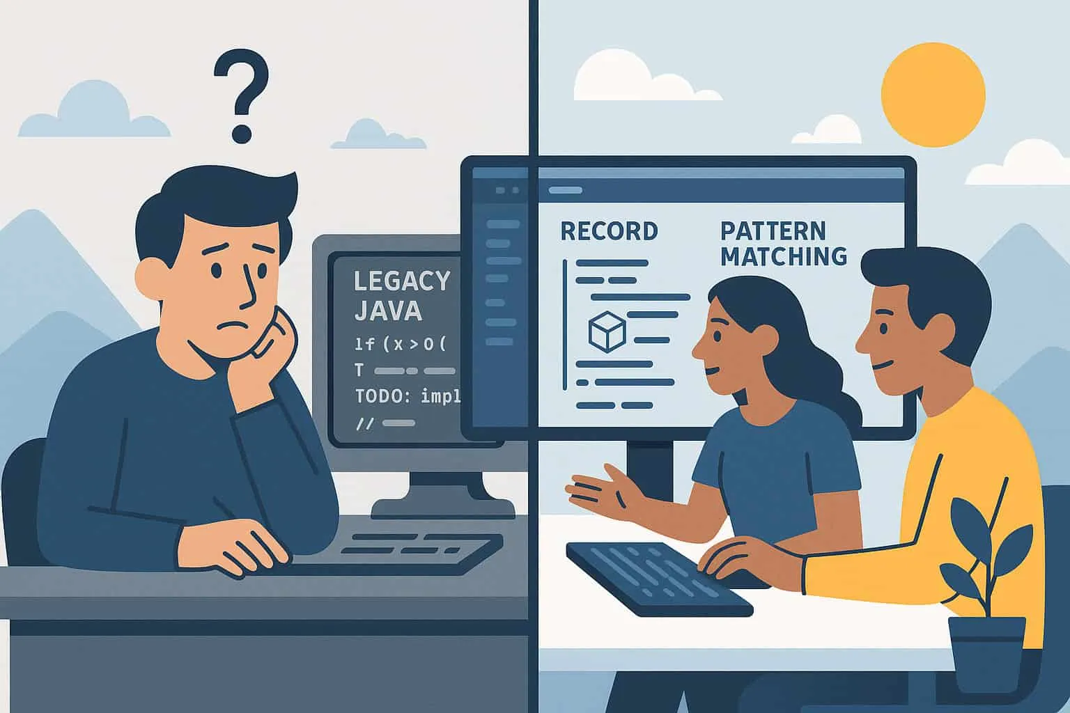 Comparison of two development teams: frustrated on the left with an old Java 8 code base, motivated on the right with a modern Java 21 environment