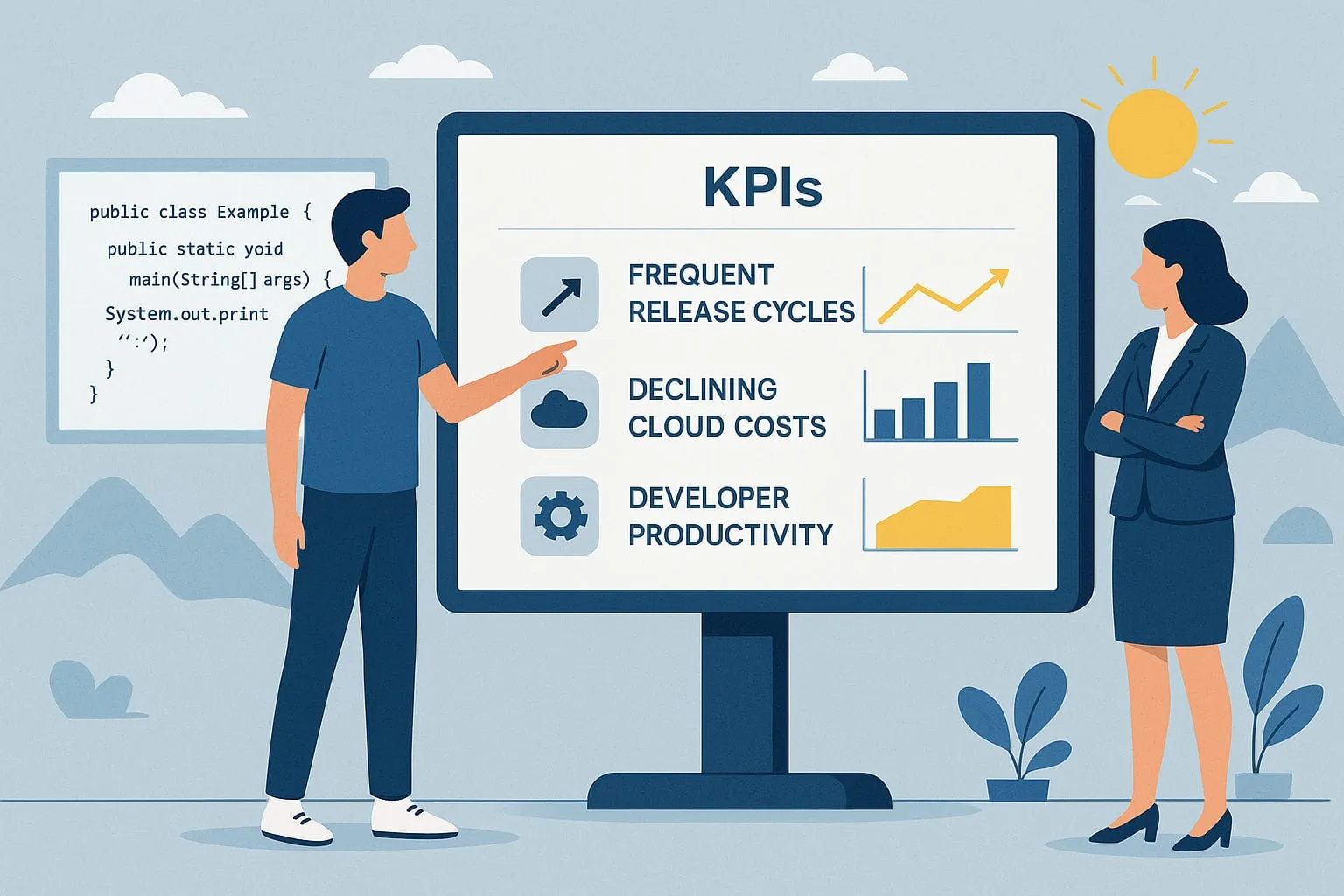 Developer presents KPIs such as lower cloud costs and higher developer productivity to a manager on a large screen