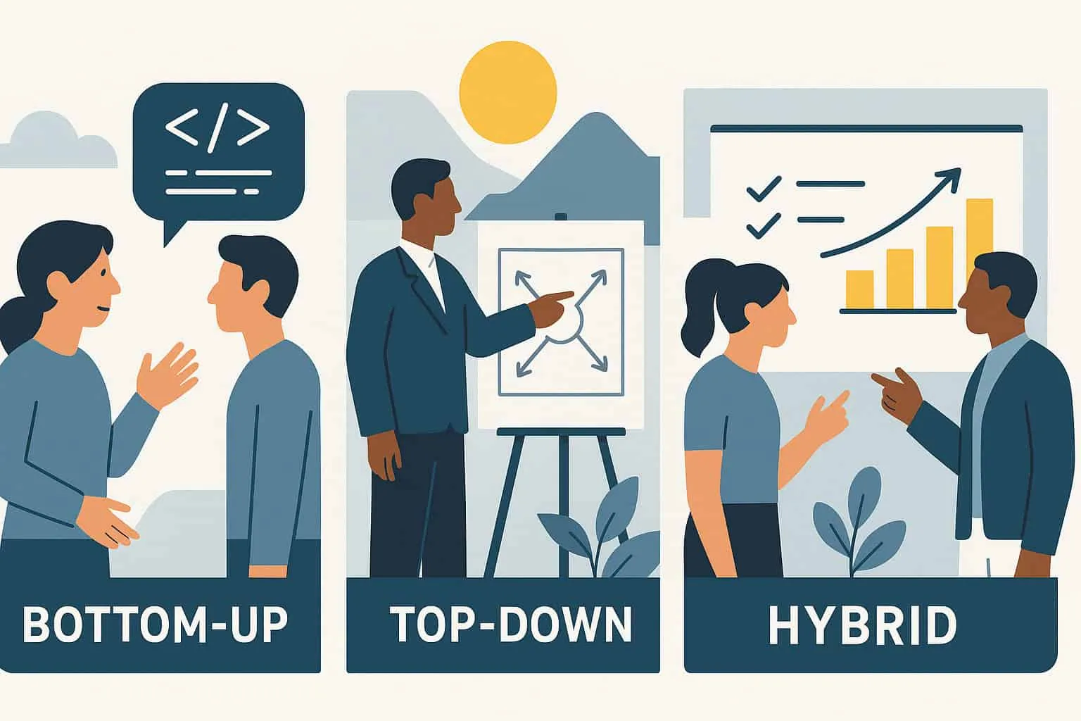 Infografik mit drei Szenen: Entwicklerinitiative, Managementvorgabe und gemeinsamer Modernisierungsansatz.