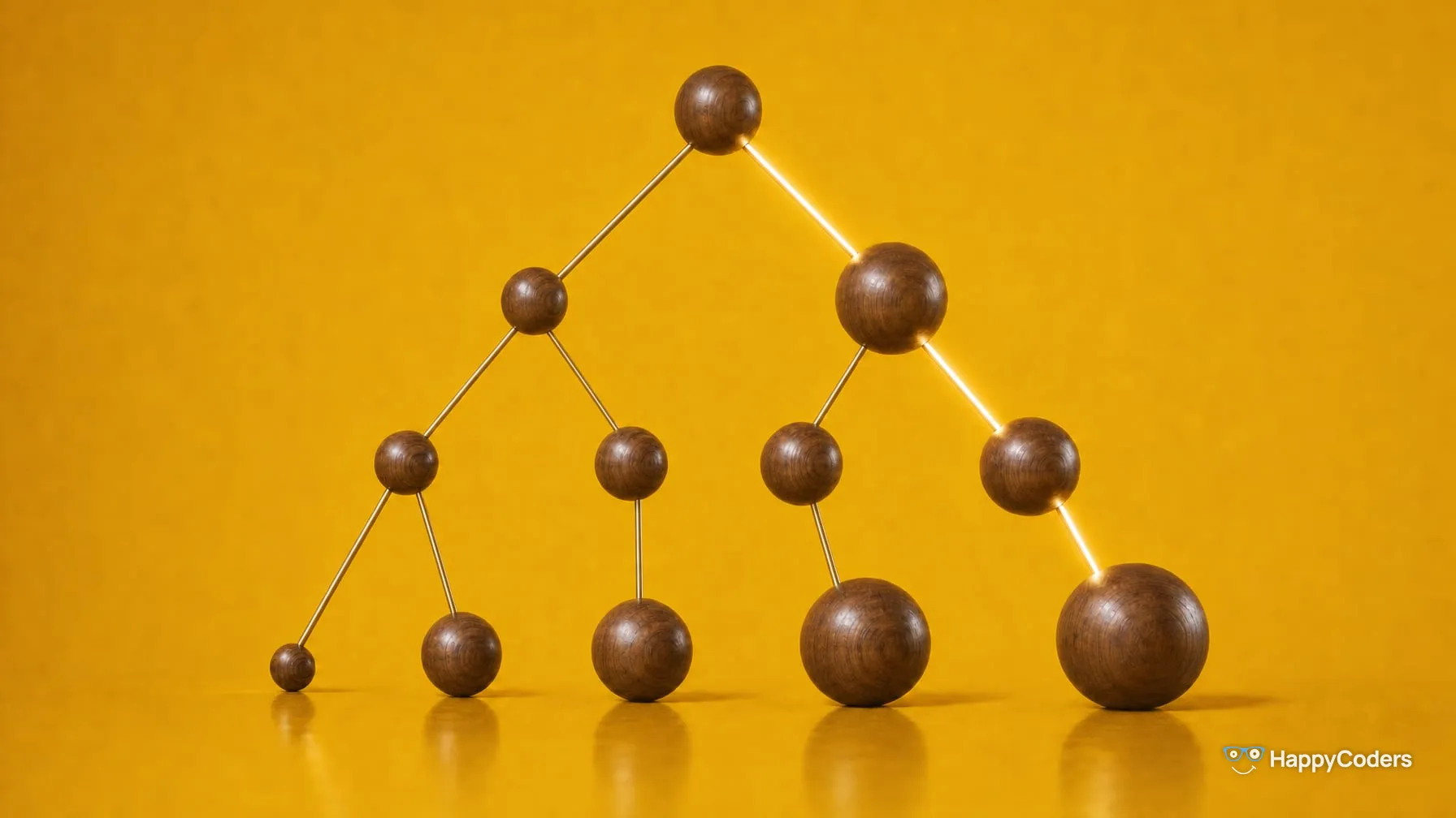 A tree of walnut spheres on brass rods against mustard yellow – the spheres on the floor grow from left to right, and a glowing path runs from the top sphere down the right edge to the largest one