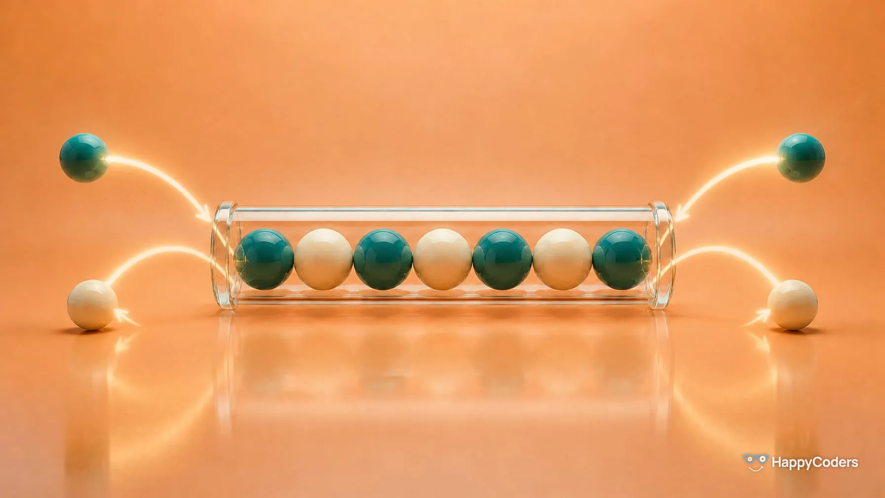 Sieben Kugeln in Petrol und Creme in einem liegenden Glasrohr, das an beiden Enden offen ist, vor Apricot; an jedem Ende führt ein leuchtender Pfeil eine Kugel hinein und einer eine Kugel hinaus