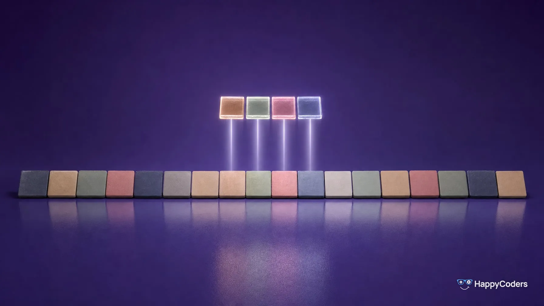 Eine lange Reihe matter Keramikkacheln in gedeckten Farben vor Indigoviolett; über vier Kacheln in der Mitte schweben leuchtende Glaskopien derselben vier, mit je einem feinen Lichtstrahl zur Kachel darunter verbunden