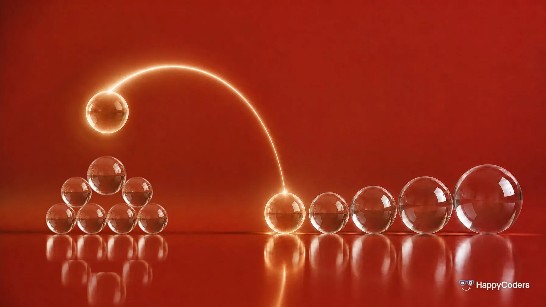 Glass spheres on brick red – on the left a freestanding heap of four spheres, two above them and a larger one on top; above it floats a glowing sphere, and an arc of light leads it to the start of a row whose spheres grow toward the right
