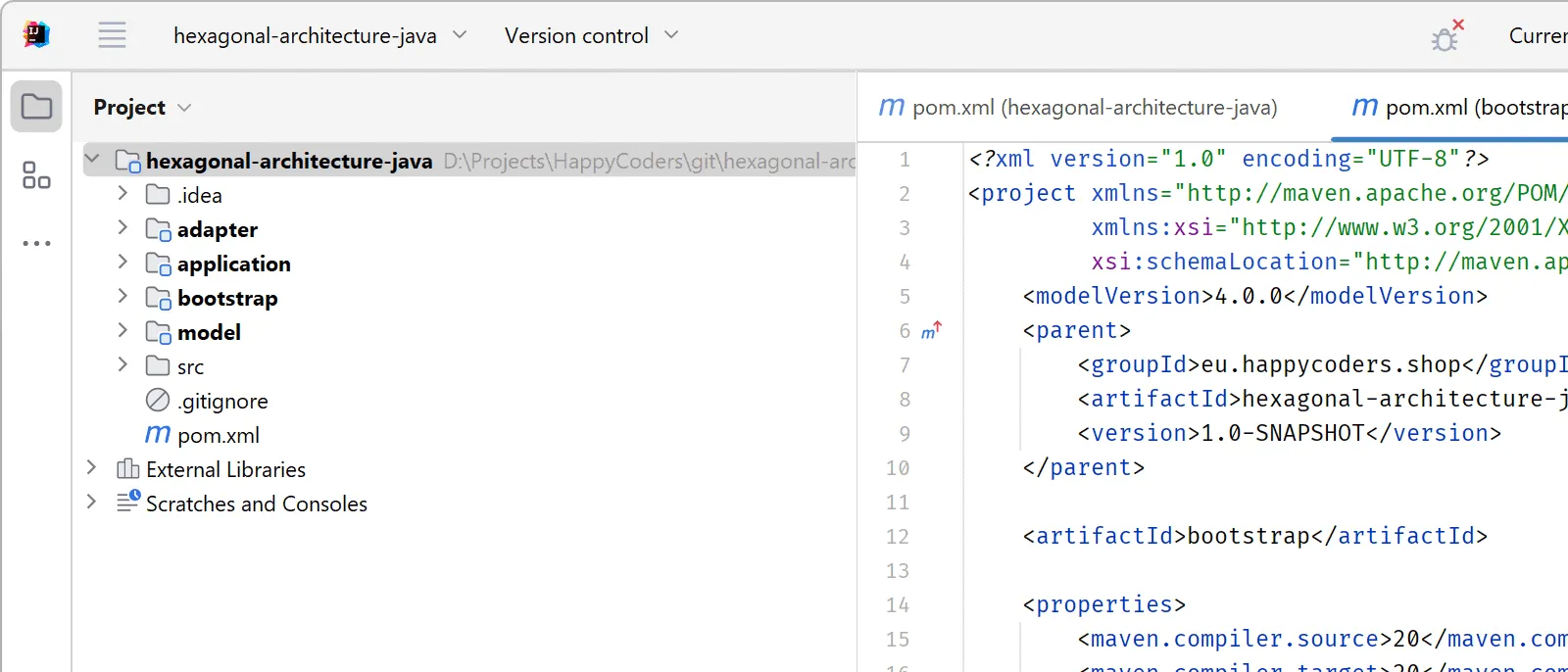 Hexagonale Architektur mit Java - Alle vier Module sind angelegt