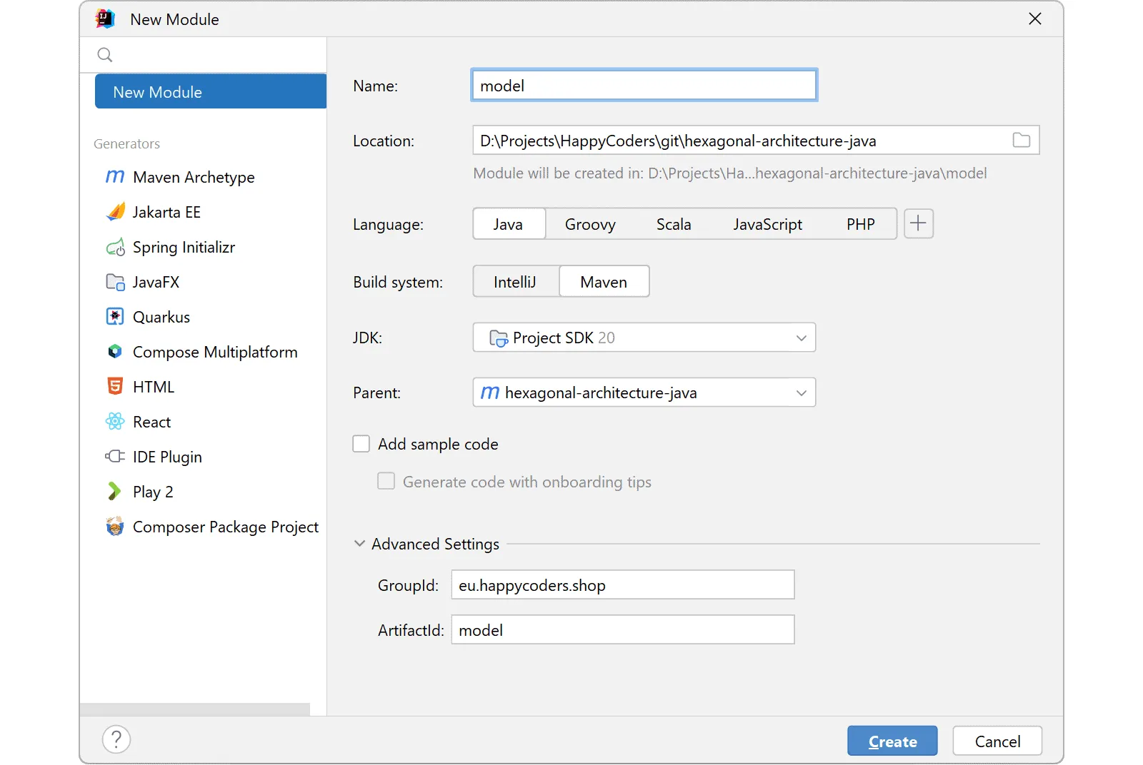Hexagonale Architektur mit Java - Anlegen des „model“-Moduls