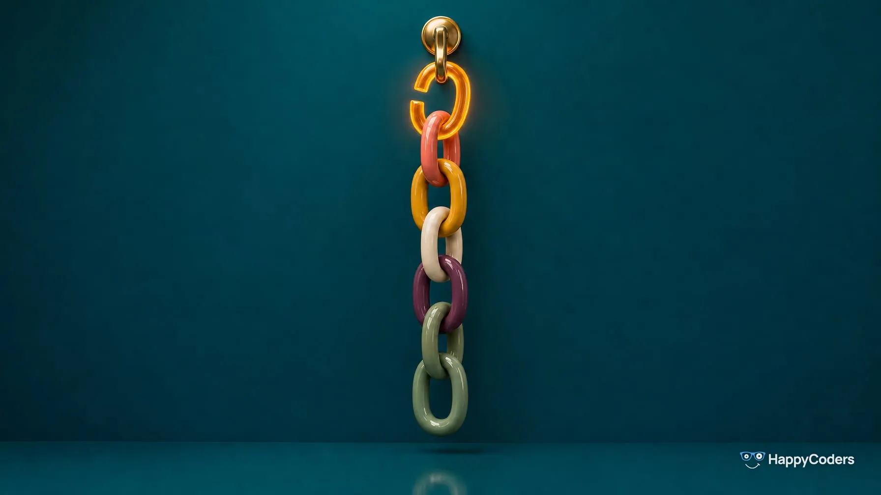 Vertical chain of colored enamel links on a brass hook, the top link open and glowing