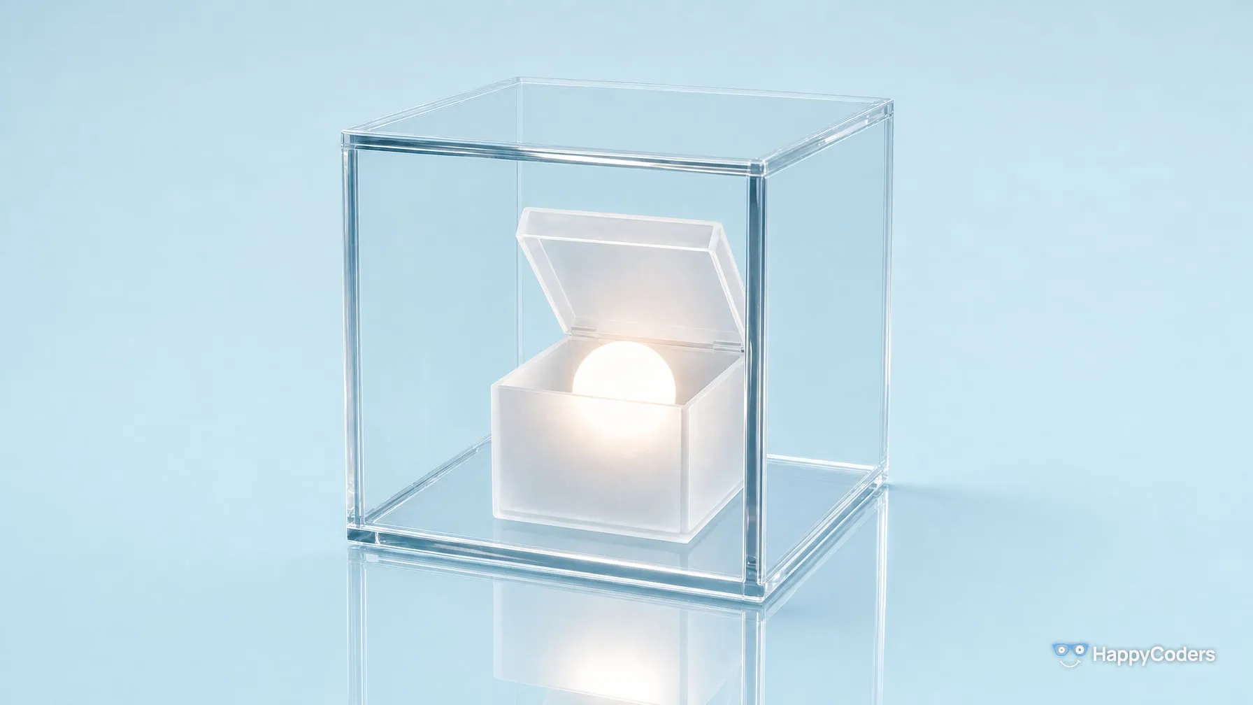 Geschlossener Glaskasten vor blassem Eisblau, darin eine mattierte kleine Box mit geöffnetem Deckel und einer leuchtend weißen Kugel