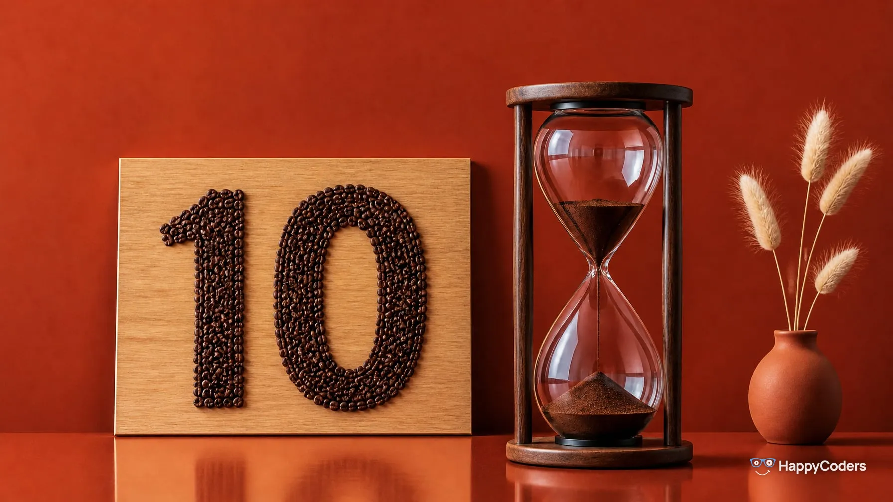 Eine 10 aus gerösteten Kaffeebohnen auf einem hellen Eichenbrett vor einer terrakottafarbenen Wand, daneben eine Sanduhr, in der Kaffeepulver nach unten rinnt, und getrocknetes Hasenschwanzgras in einer Terrakotta-Vase
