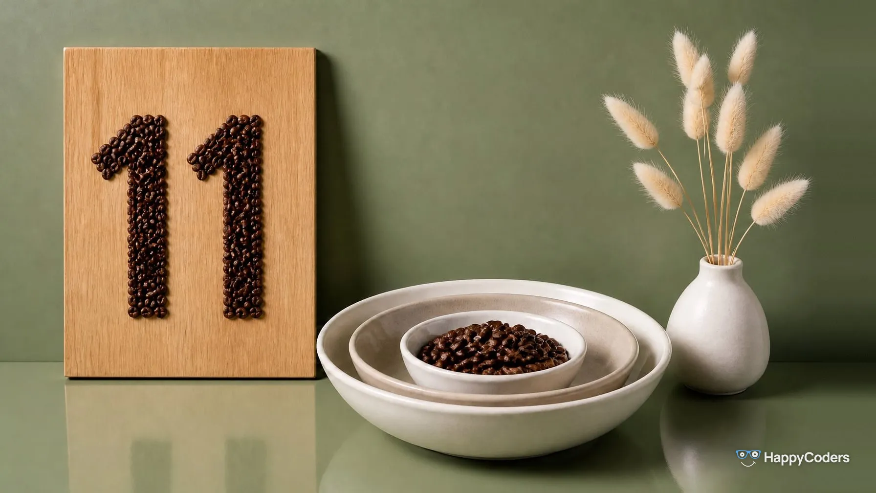 An 11 laid out of roasted coffee beans on a narrow light oak board in front of a sage-green wall, next to it three nested ceramic bowls of which only the innermost is filled with coffee beans, and dried bunny-tail grass in a white vase