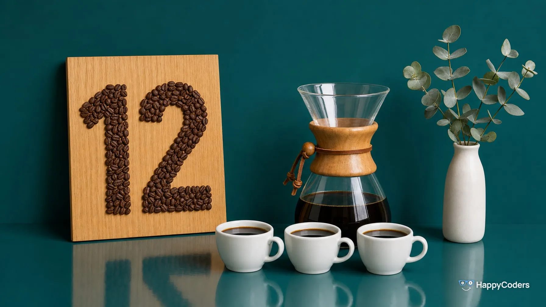 Eine 12 aus gerösteten Kaffeebohnen auf einem hellen Eichenbrett vor einer petrolfarbenen Wand, daneben eine Glaskaraffe mit Holzkragen voll Kaffee und davor drei gefüllte Espressotassen, rechts Eukalyptuszweige in einer weißen Vase