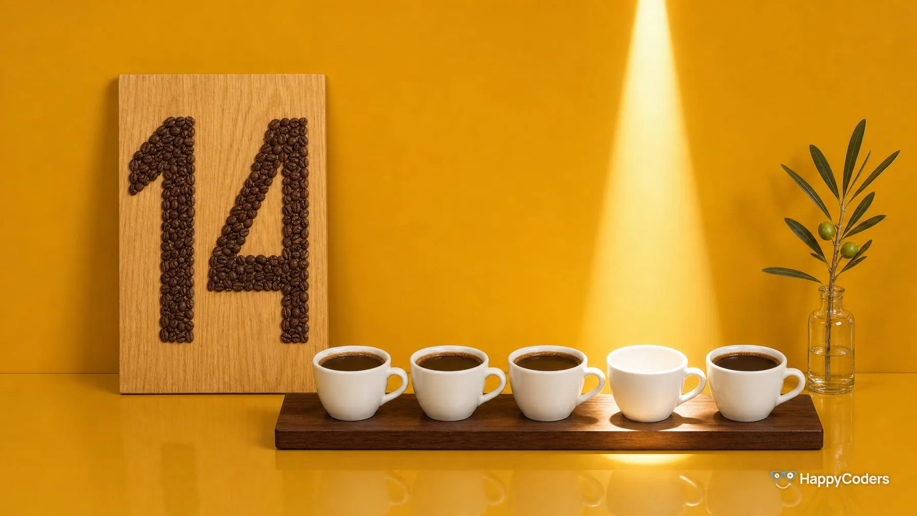 Eine 14 aus gerösteten Kaffeebohnen auf einem hellen Eichenbrett vor einer ockergelben Wand, davor fünf weiße Espressotassen in einer Reihe auf einem Walnussbrett, vier voll und die vierte leer in einem Lichtkegel, rechts ein Olivenzweig in einer Glasflasche