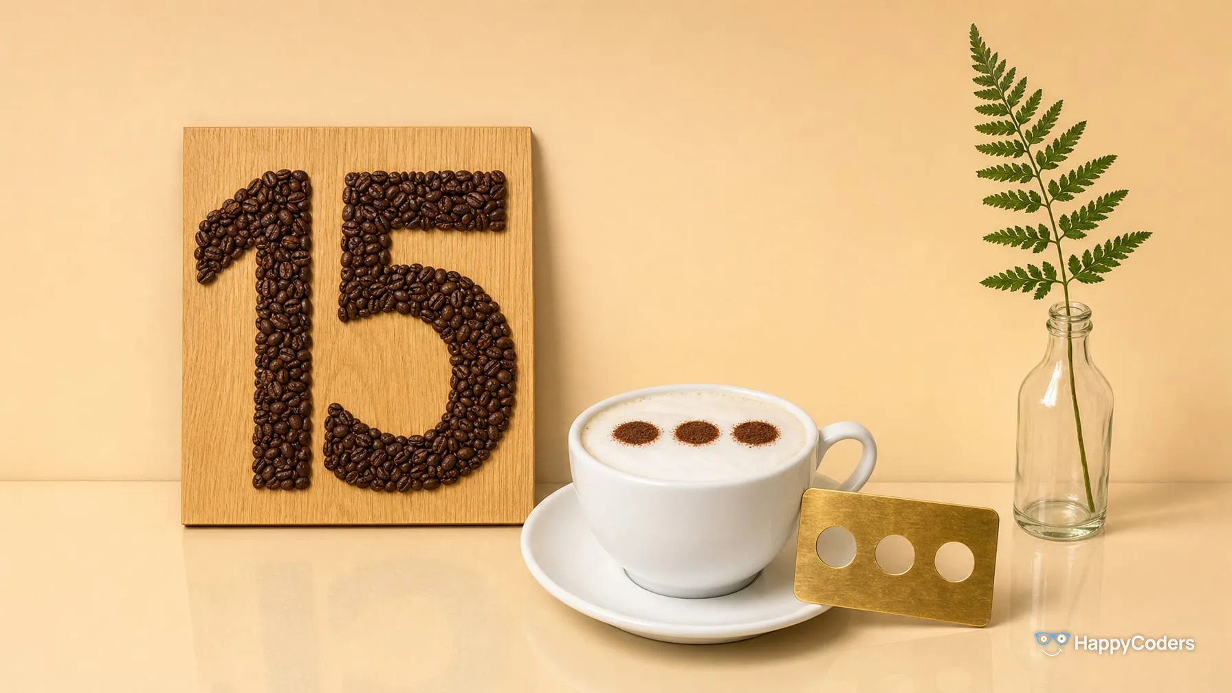 A 15 laid out of roasted coffee beans on a light oak board in front of a sand-colored wall, next to it a cappuccino with three cocoa dots on the milk foam and a brass stencil with three round holes, a fern frond in a glass bottle on the right