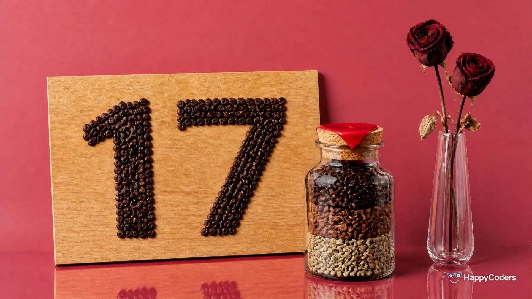 Eine 17 aus gerösteten Kaffeebohnen auf einem hellen Eichenbrett vor einer himbeerroten Wand, daneben ein Glas mit rotem Wachssiegel und drei Schichten Kaffeebohnen – roh, mittel und dunkel geröstet – und zwei getrocknete Rosen in einer Glasvase