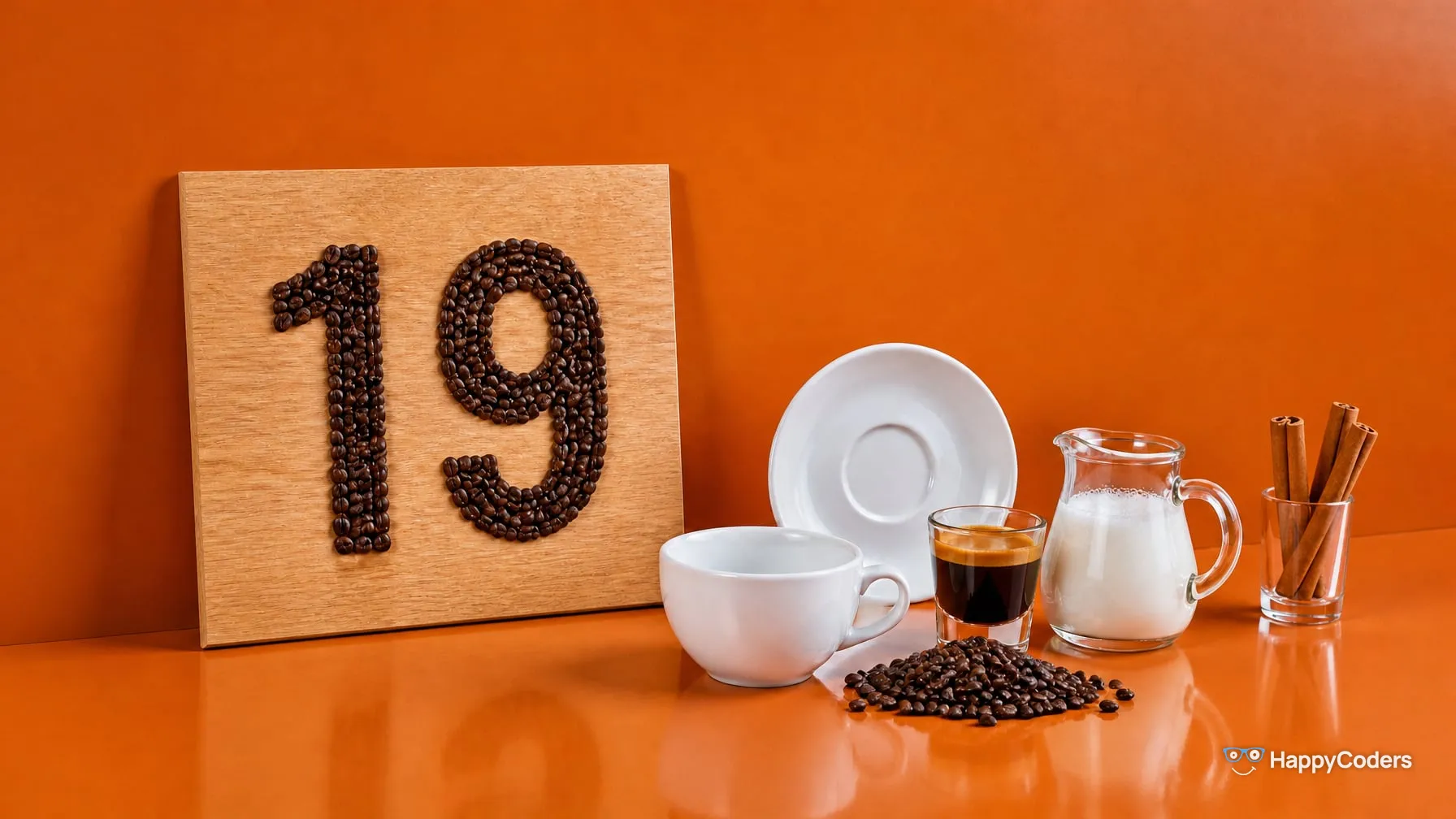 Eine 19 aus gerösteten Kaffeebohnen auf einem hellen Eichenbrett vor einer orangefarbenen Wand, davor die Teile eines Cappuccinos einzeln aufgestellt – leere Tasse, Untertasse, ein Glas Espresso, ein Kännchen Milch und ein Häufchen Kaffeebohnen –, rechts Zimtstangen in einem Glas