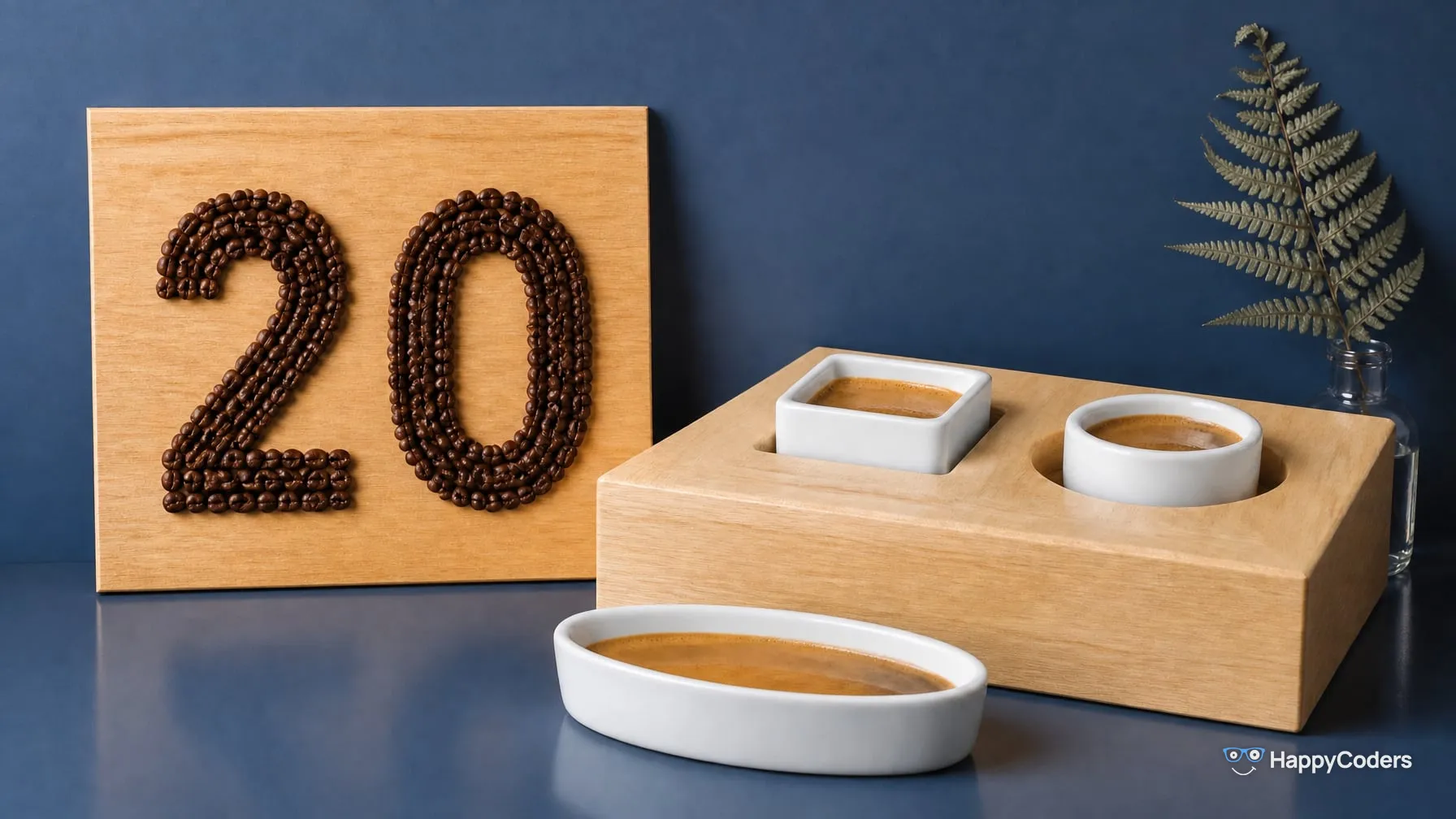 Eine 20 aus gerösteten Kaffeebohnen auf einem hellen Eichenbrett vor einer stahlblauen Wand, davor ein heller Holzkasten mit einer quadratischen und einer runden Öffnung, in denen eine quadratische und eine runde Espressotasse sitzen, und eine ovale Tasse, die nirgends hineinpasst, rechts ein Farnwedel in einem Glasfläschchen