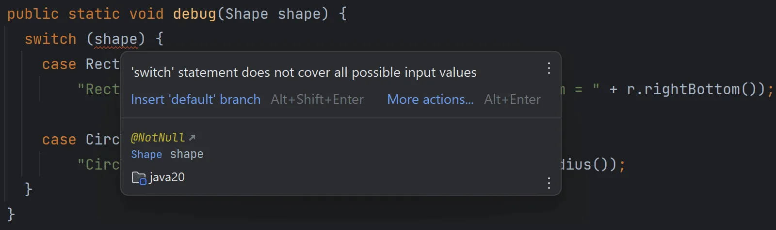 Java 20, JEP 433: IDE-Fehlermeldung bei erschöpfendem Switch