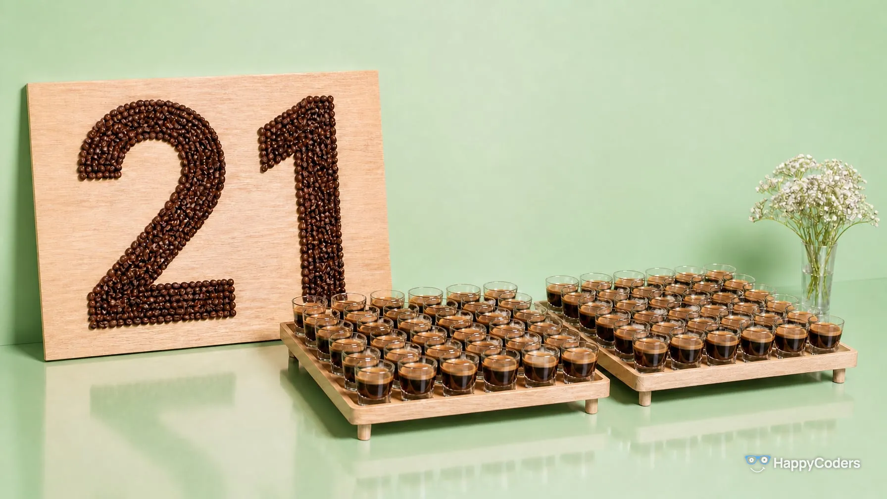 A 21 laid out of roasted coffee beans on a light oak board in front of a mint-green wall, in front of it two wooden trays carrying dozens of small espresso glasses, baby's breath in a glass vase on the right