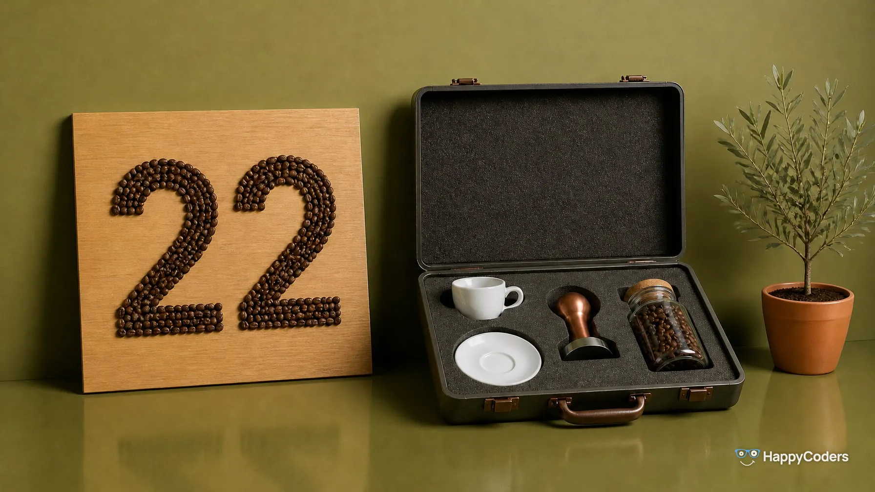 Eine 22 aus gerösteten Kaffeebohnen auf einem hellen Eichenbrett vor einer olivgrünen Wand, daneben ein offener Koffer, dessen Schaumstoffeinlage passgenaue Aussparungen für Tasse, Untertasse, Tamper und ein Bohnenglas hat, rechts ein kleiner Olivenbaum im Terrakottatopf