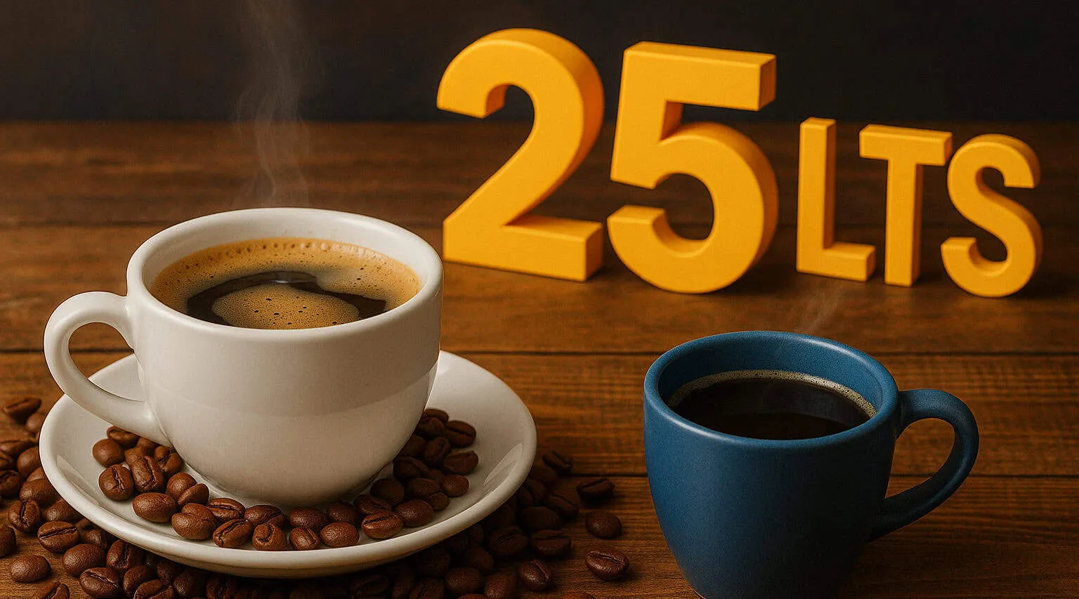 Steaming coffee cups next to the lettering "25 LTS" – Java 25 Features