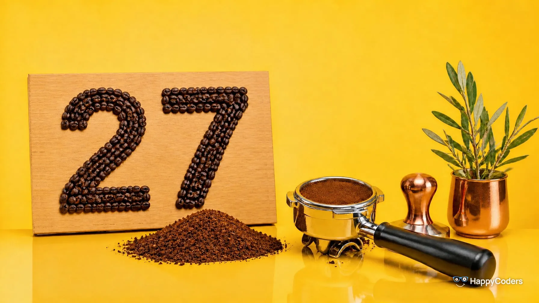 Eine 27 aus gerösteten Kaffeebohnen auf einem hellen Eichenbrett vor einer sonnengelben Wand, davor ein lockerer Haufen Kaffeepulver, daneben ein Siebträger mit festgedrücktem Kaffee, ein Tamper mit Kupfergriff und ein Olivenzweig in einem Kupferbecher