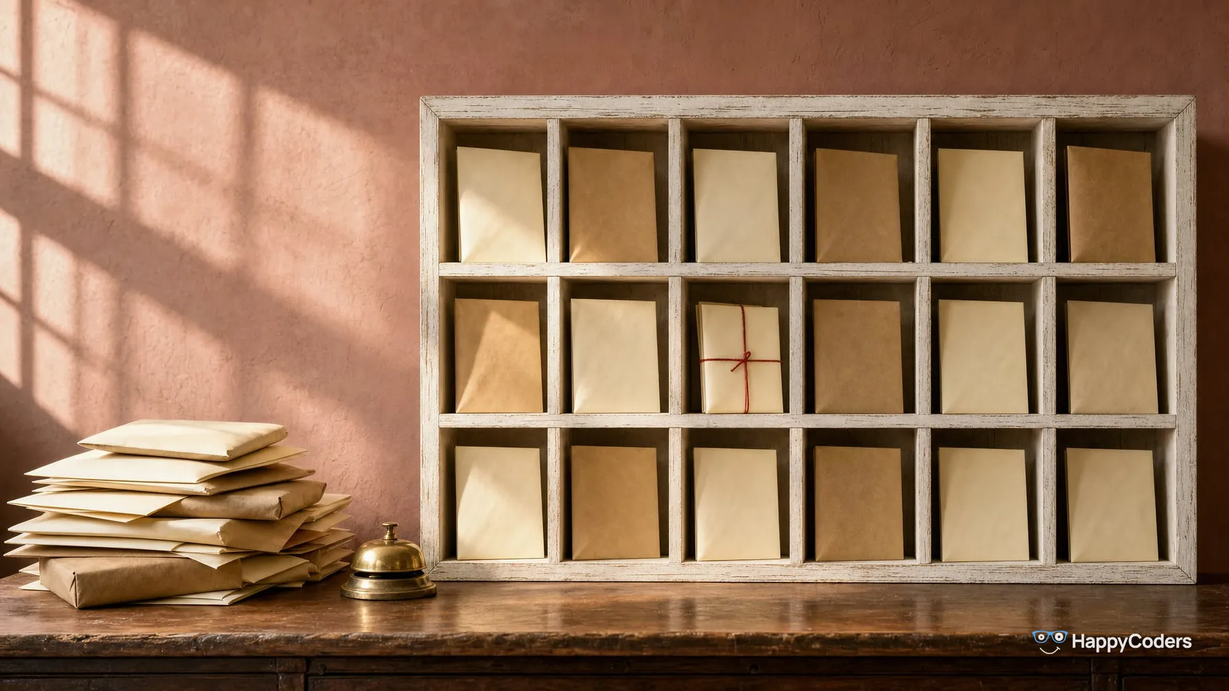 A whitewashed wooden rack with 18 compartments in front of a dusty-rose wall, one blank envelope in each compartment; in the middle compartment two envelopes tied into one bundle with a red string. To the left a stack of envelopes and parcels and a brass bell