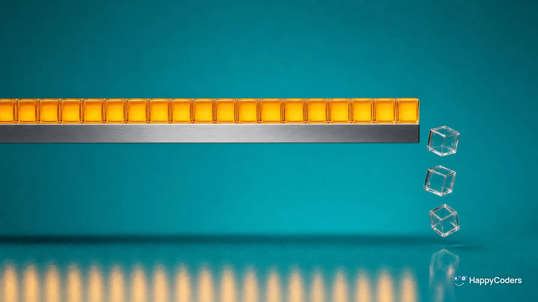Row of amber-glowing glass cubes on an aluminum rail against teal, with three empty glass cubes falling off the end