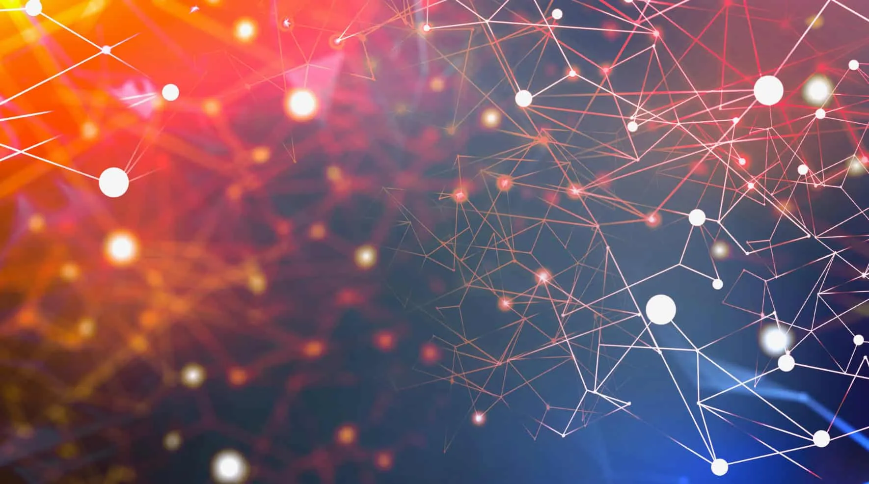 Network of light points and connecting lines on a red and blue background