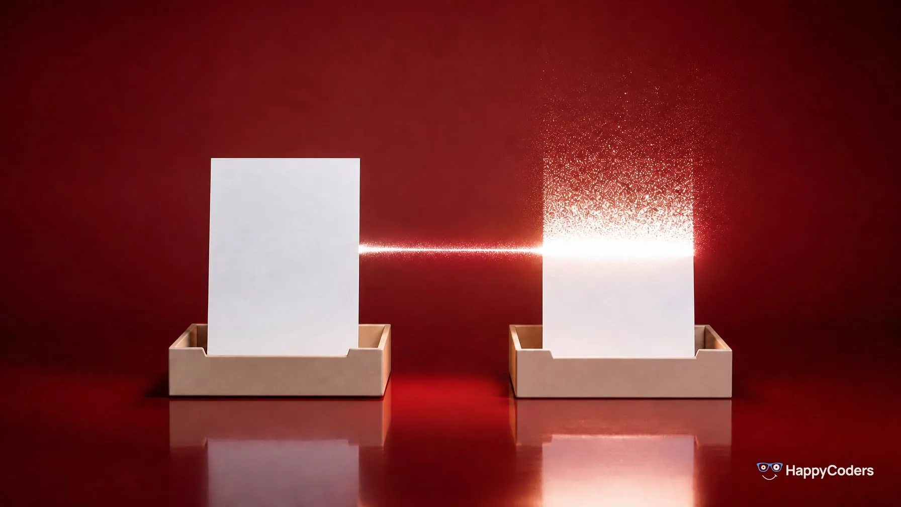 Two light card-stock trays against oxblood red, a white index card in the left one, an identical card in the right one whose upper half is still forming from particles of light; a beam of light connects the two