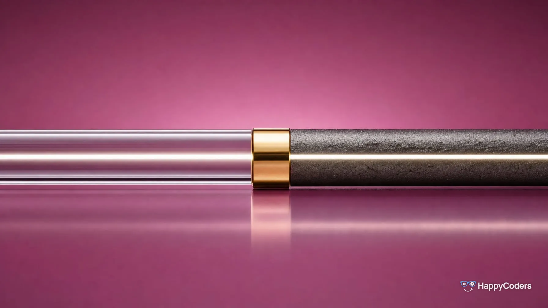 Ein klarer Glasstab von links und ein rauer Gusseisenstab von rechts, in der Mitte durch eine schlanke Goldkupplung verbunden, vor Mauve; eine dünne weiße Lichtlinie läuft durch den Glasstab, die Kupplung und weiter in den Eisenstab