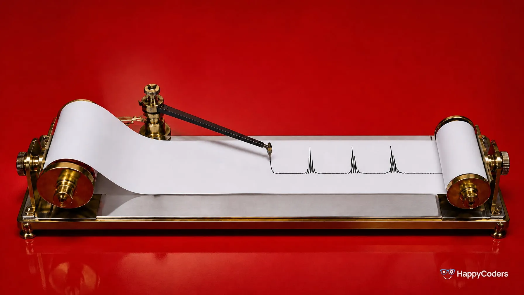 A chart recorder of brass and polished steel on cherry red: a white paper strip runs from a roll on the left over a flat table to a roll on the right, and a black pen arm draws a line in the middle that shows three tall spikes to the right of the pen