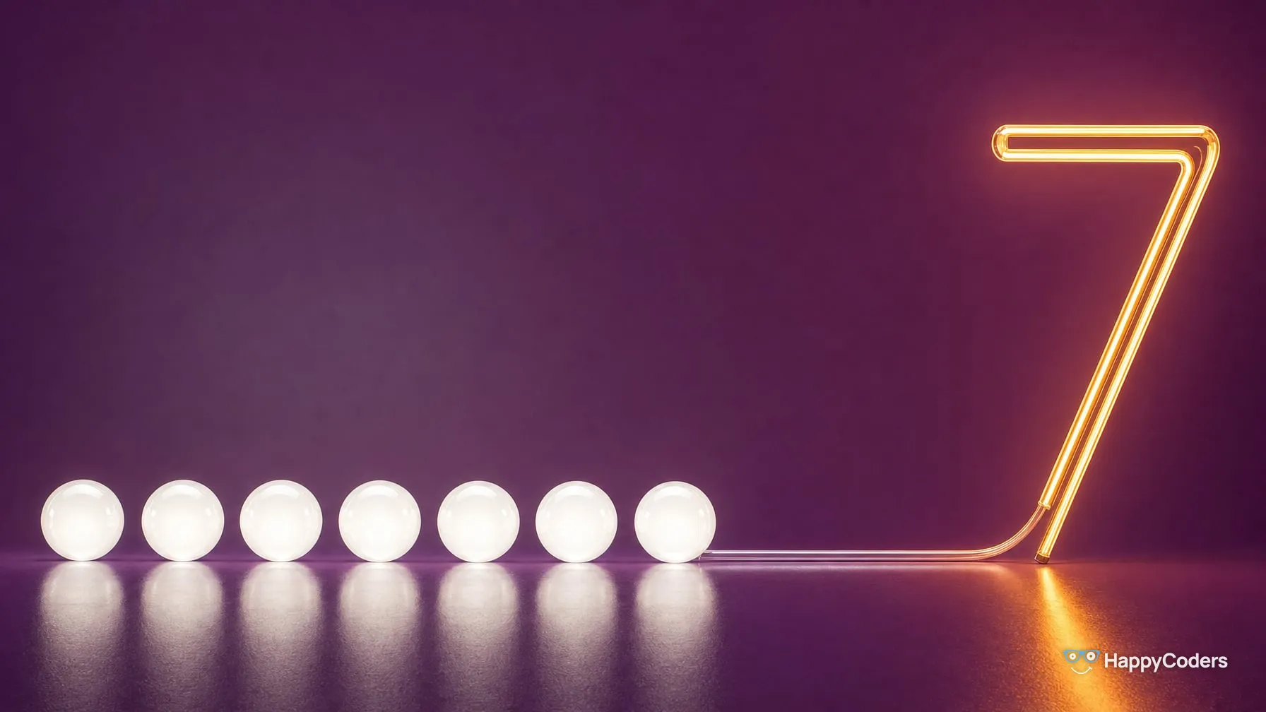 Sieben leuchtend weiße Glaskugeln in einer Reihe vor Pflaumenviolett; von der letzten führt ein dünnes Glasrohr nach rechts in eine hohe, bernsteinfarben leuchtende Neon-Ziffer 7