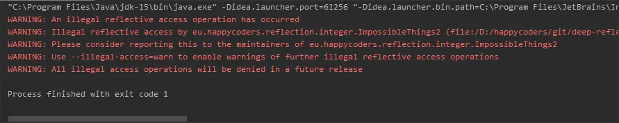 Screenshot mit der Ausgabe „exit code 1“