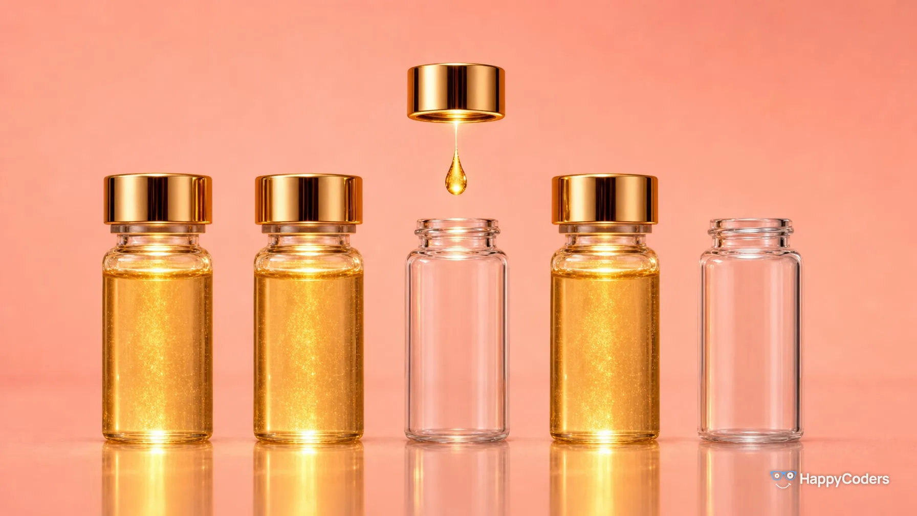 Five glass vials against peach pink: three filled with gold and capped, one receiving a gold drop under its cap, one empty