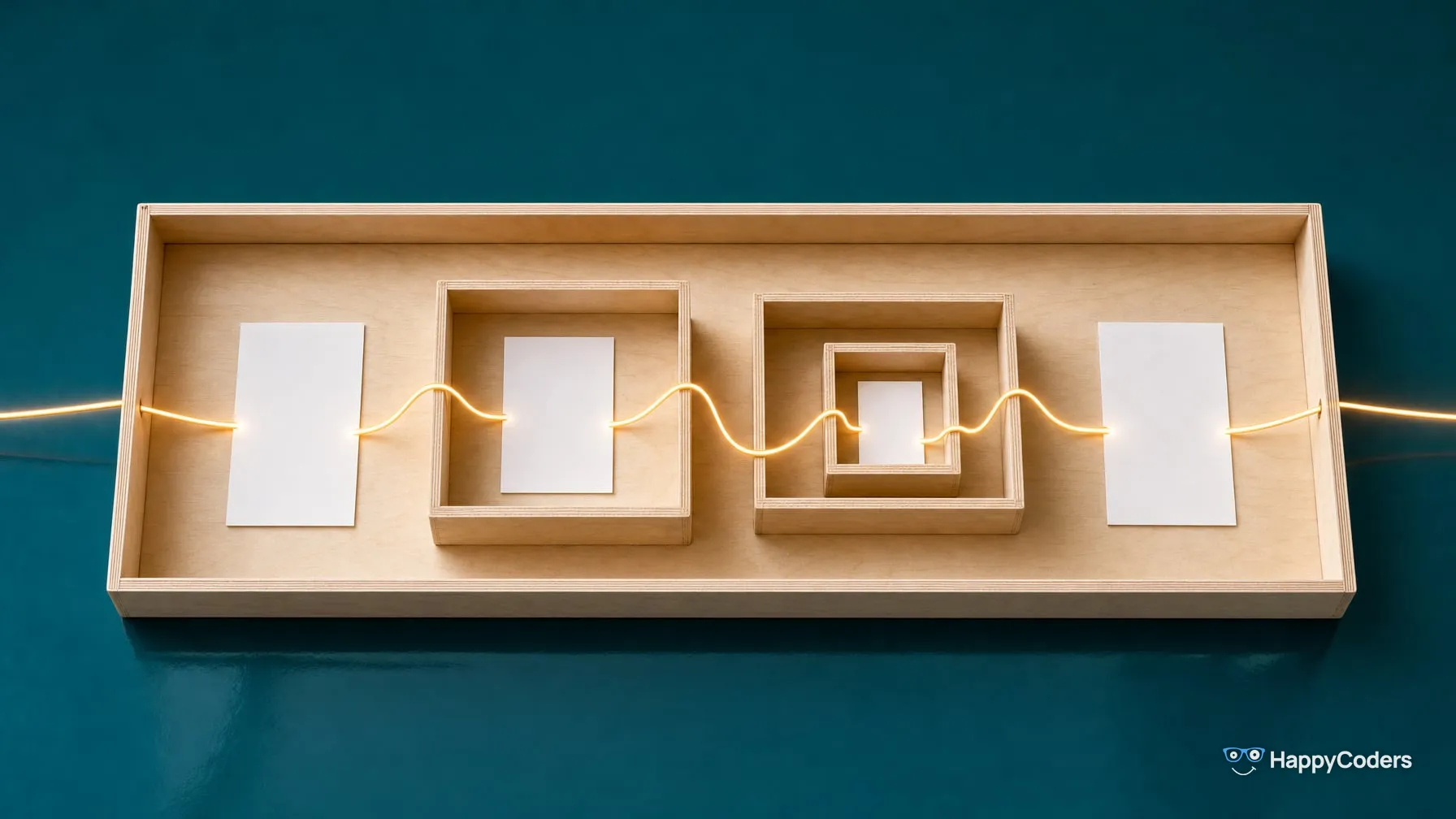 A long open box of pale birch plywood seen from above on deep teal: a glowing amber cord runs through it from left to right, touches each of the four white cards and dips into two smaller boxes on its way, in the right one down into a third, innermost box