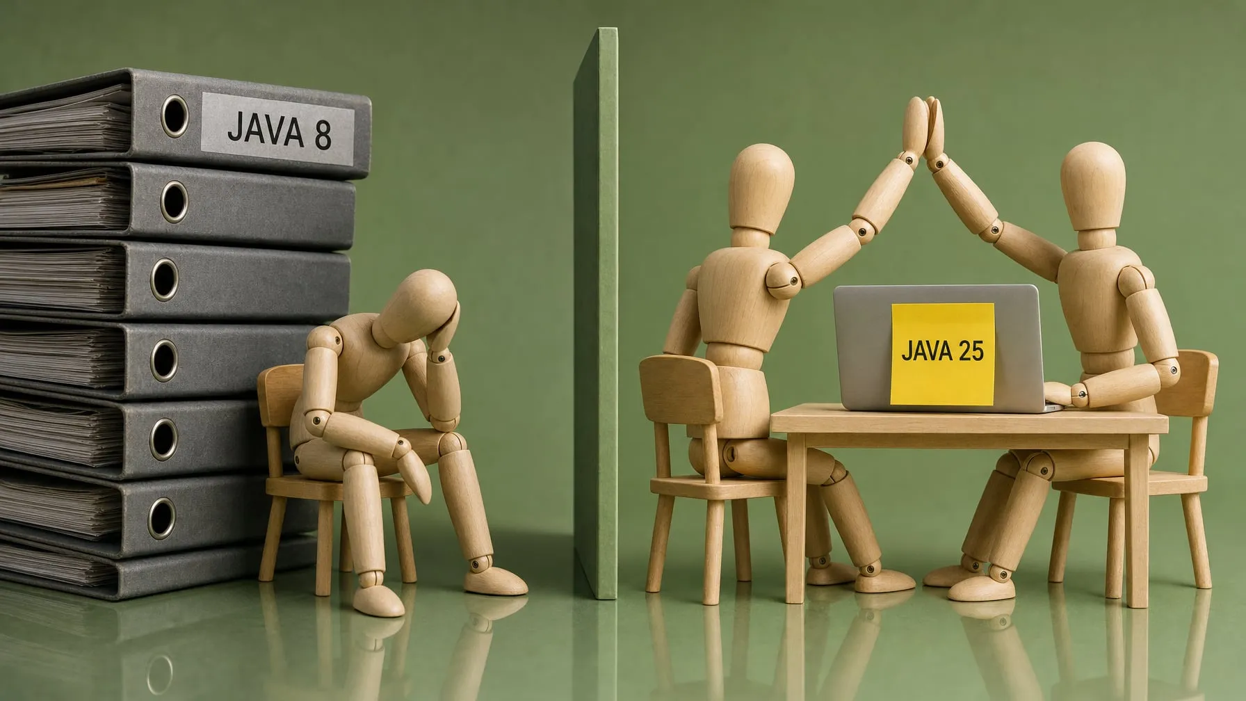 Links sitzt eine Holzgliederpuppe zusammengesunken neben einem Stapel grauer Ordner mit der Aufschrift „JAVA 8“, rechts klatschen sich zwei Puppen über einem Laptop mit dem Zettel „JAVA 25“ ab