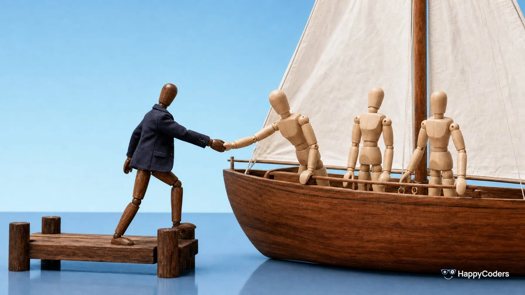 Holzgliederpuppe im dunkelblauen Sakko auf einem Steg wird von einer hellen Gliederpuppe an der Hand in ein Segelboot gezogen, zwei weitere Puppen warten an Bord