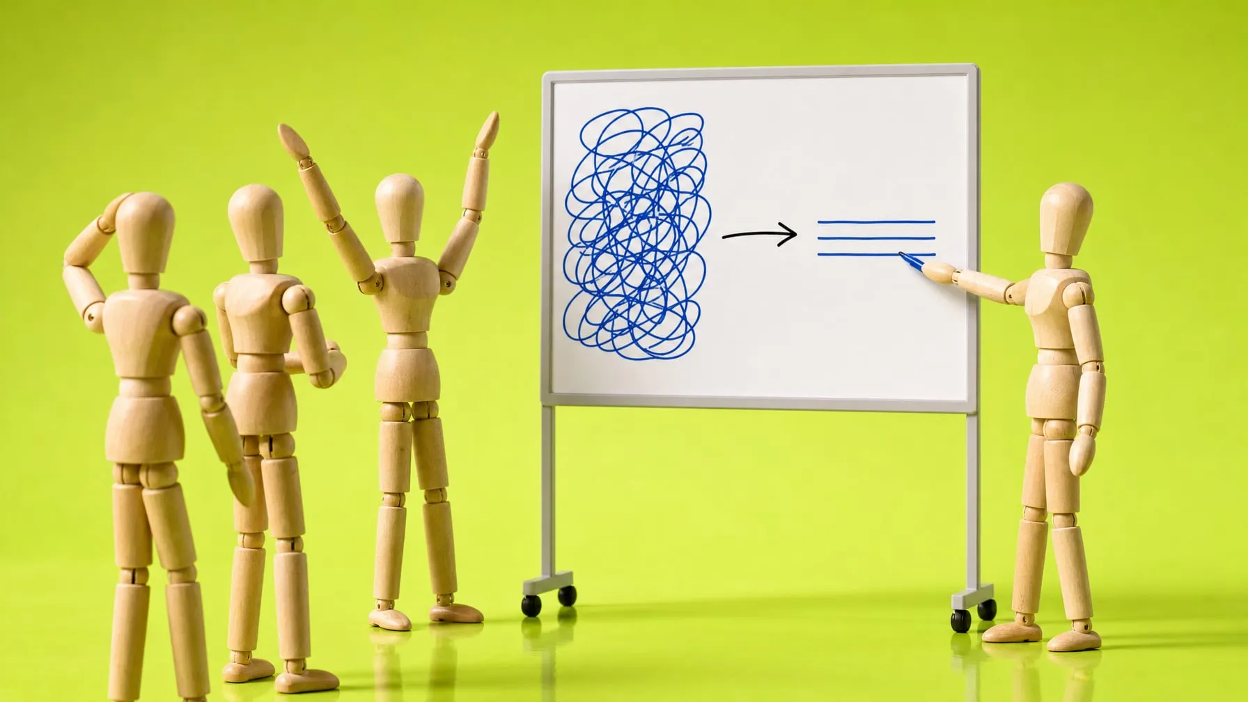 Eine Holzgliederpuppe zeigt auf ein Whiteboard, auf dem ein wirres Knäuel aus Strichen per Pfeil zu drei sauberen Linien wird; drei Puppen davor staunen, eine reißt die Arme hoch