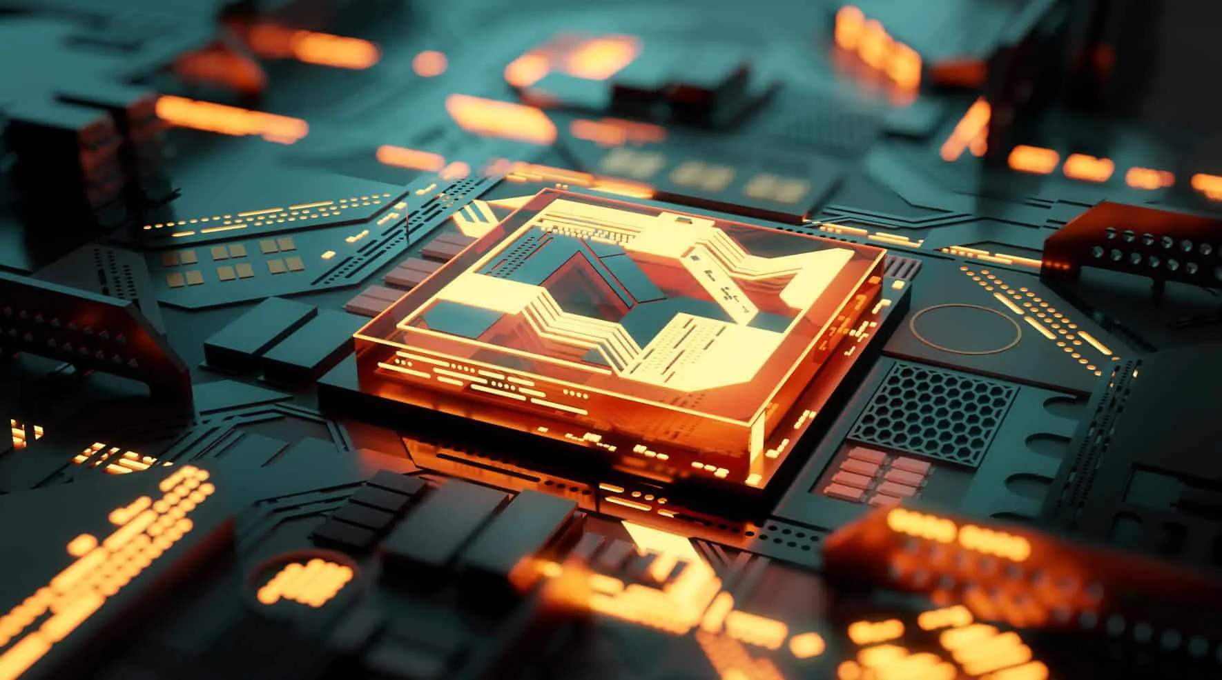 Prozessorchip auf einer Platine mit orange leuchtenden Leiterbahnen