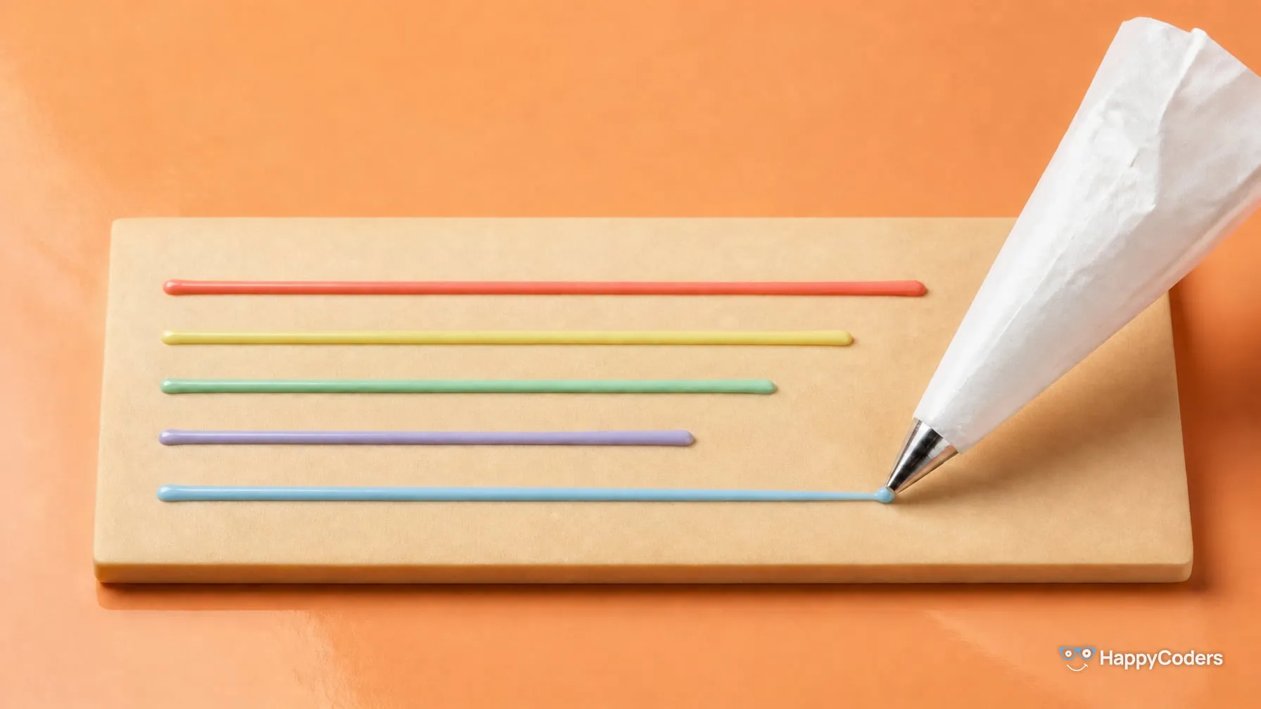 A white parchment piping bag with a silver tip on apricot draws the fifth of five left-aligned icing lines on a pale slab: coral, yellow, mint and lilac above, and at the bottom the sky blue line that ends at the tip
