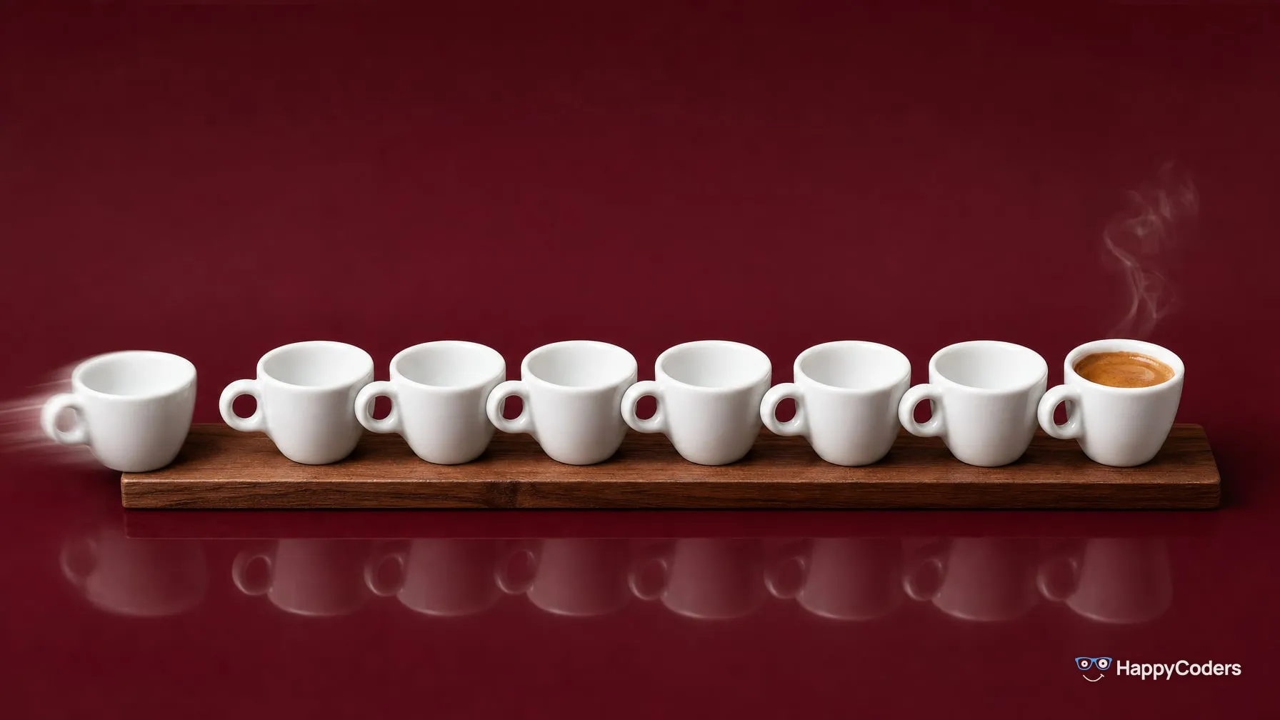 Sieben weiße Espressotassen in einer Reihe auf einem Walnussbrett vor Bordeaux; nur die vorderste rechts ist mit Espresso gefüllt und dampft, links rutscht eine achte, leere Tasse heran