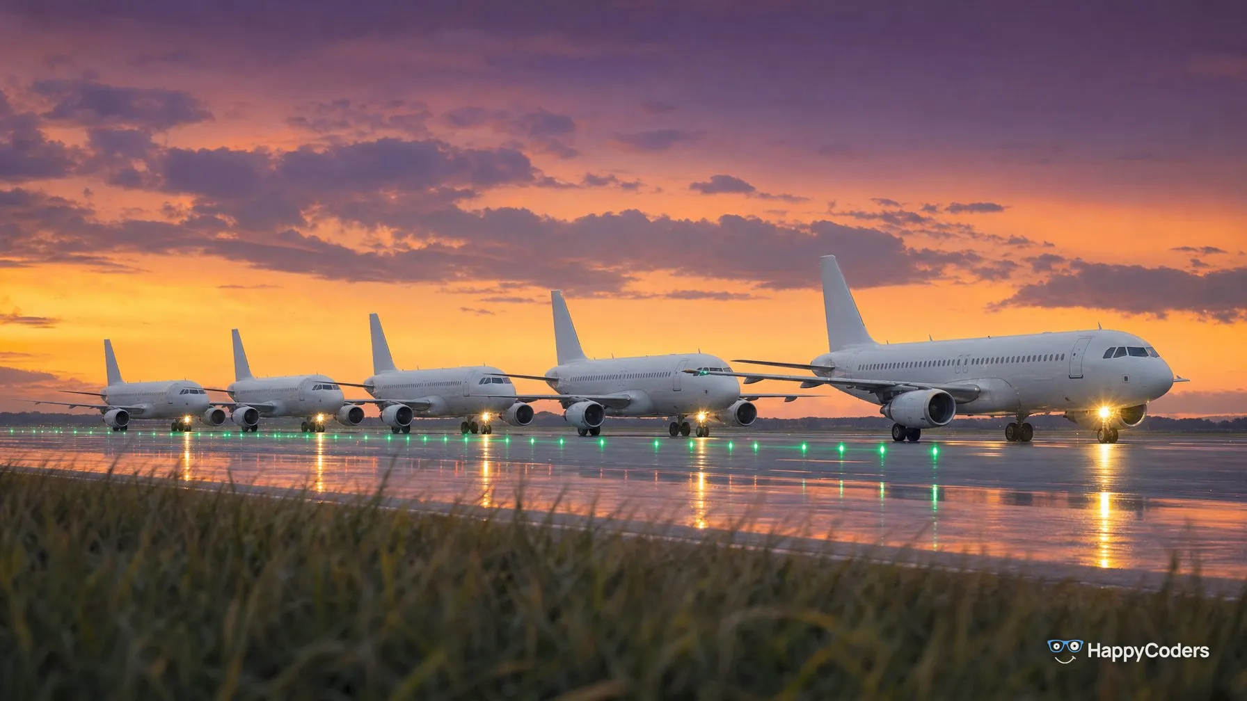 Five white passenger jets taxi in single file along a wet taxiway at dusk under a violet and orange sky