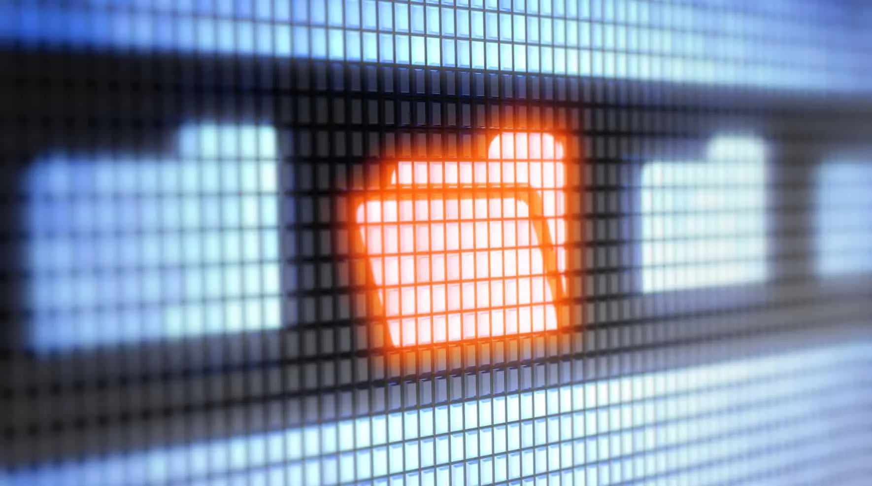 Leuchtend orangefarbenes Ordnersymbol auf einer LED-Wand