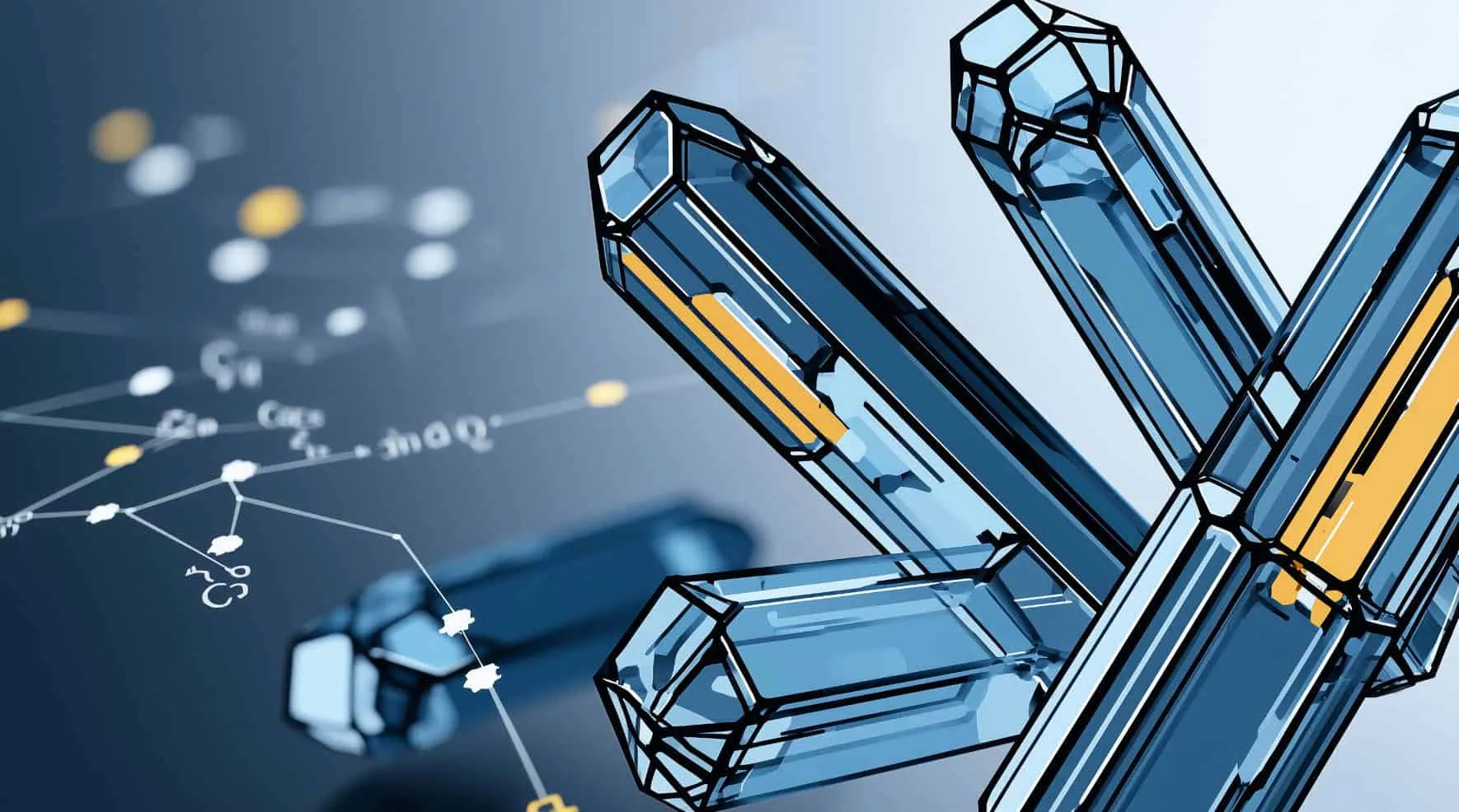 Illustration of blue crystal columns in front of a web of formulas and nodes