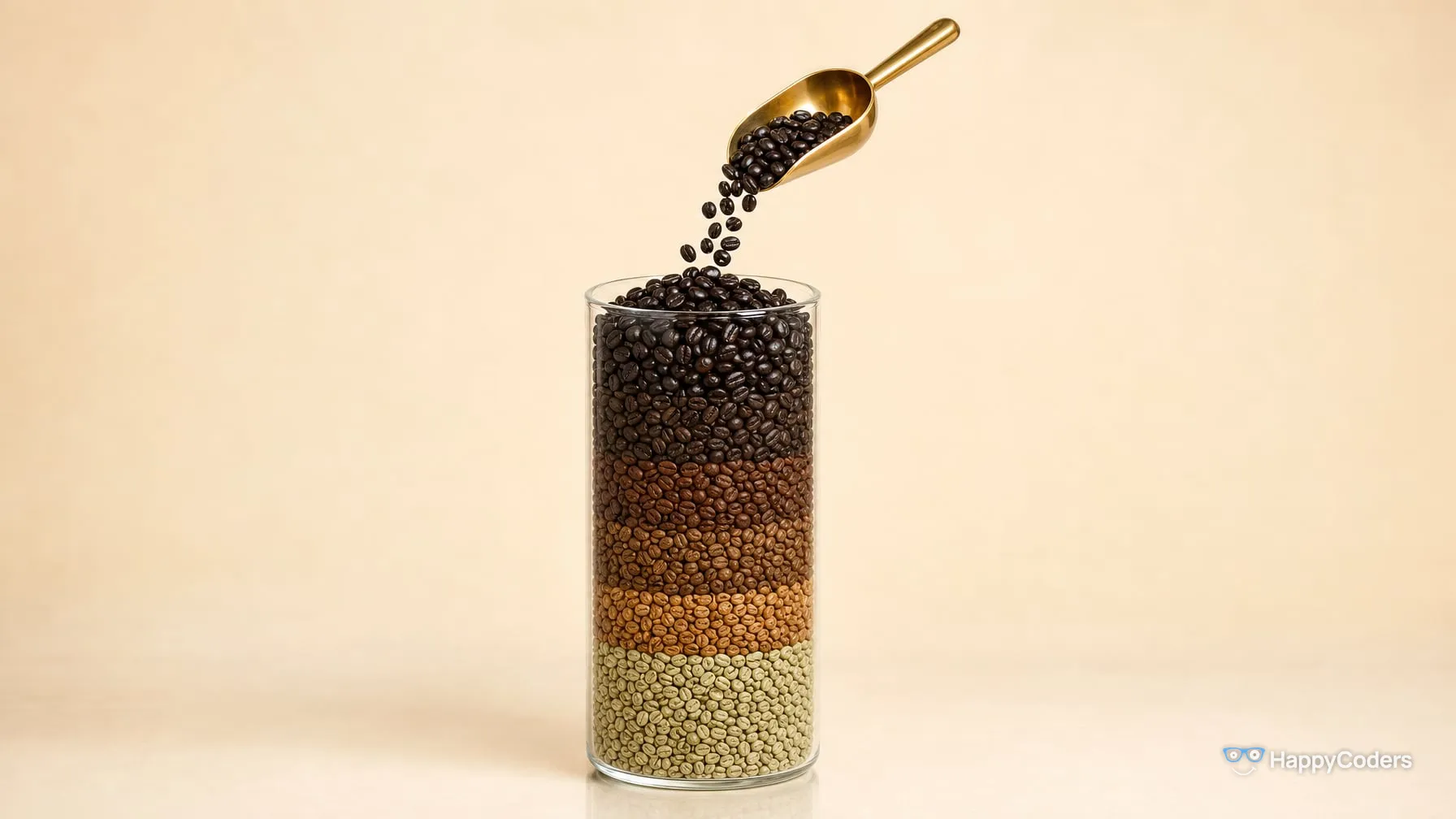 A tall glass of coffee beans in layers against ivory, raw green at the bottom, then light, medium and dark roast; from a floating brass scoop, nearly black beans trickle onto the top as a new layer