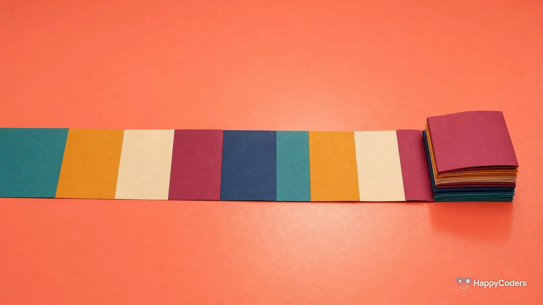 Ein langes Papierband aus farbigen Feldern – Petrol, Ocker, Creme, Beere, Marineblau – liegt flach auf korallenrotem Grund und ist rechts zu einem kompakten Stapel gefaltet